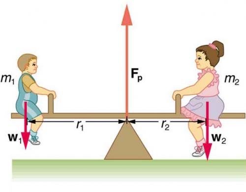 <b>Figure 9.10</b> Two children balancing a seesaw satisfy both conditions for equilibrium. The lighter child sits farther from the pivot to create a torque equal in magnitude to that of the heavier child.