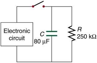 <b>Figure 21.58</b>. A circuit showing a bleeder resistor connected across a capacitor in order to discharge the capacitor.