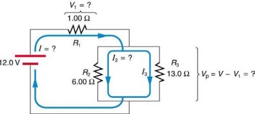 <b>Figure 21.6</b> A circuit with an EMF and a resistor in series with a pair of resistors connected in parallel.