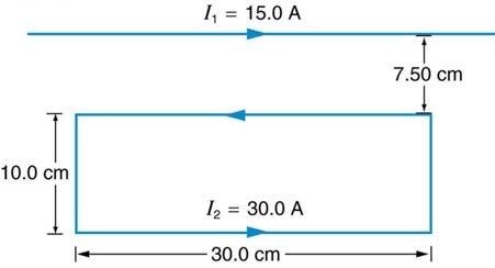 <b>Figure 22.63</b> A current carrying wire above a current carrying rectangle.