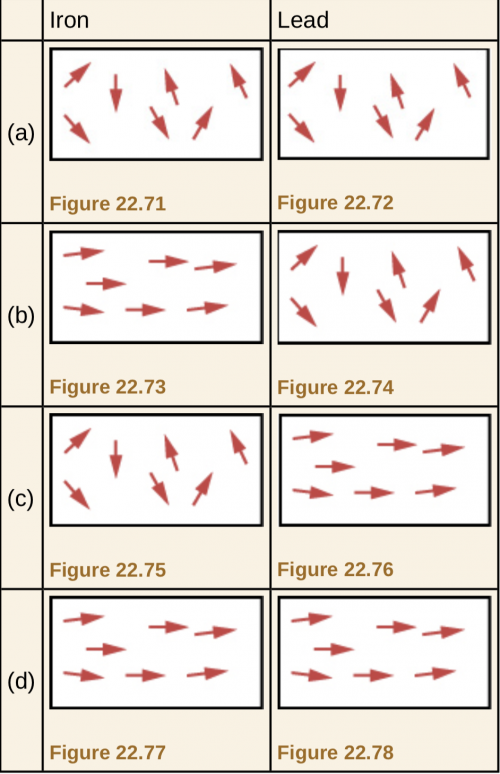 Iron and lead magnetic domain alignment possibilities in the presence of an external field directed to the right.