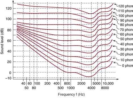 <b>Figure 17.38</b> The relationship of loudness in phons to intensity level (in decibels) and intensity (in watts per meter squared) for persons with normal hearing. The curved lines are equal-loudness curves—all sounds on a given curve are perceived as equally loud. Phons and decibels are defined to be the same at 1000 Hz.