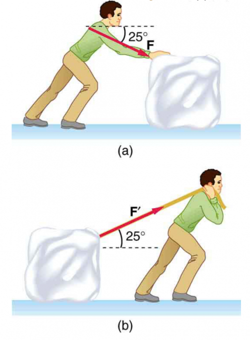 <b>Figure 5.23</b> A person (a) pushing, and (b) pulling, a block of ice across ice.