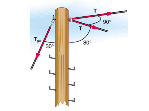 <b>Figure 5.22</b> This telephone pole is at a 90 degree bend in a power line. A guy wire is attached to the top of the pole at an angle of 30 degrees with the vertical.