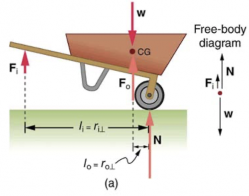 <b>Figure 9.24(a)</b> (a) In the case of the wheelbarrow, the output force or load is between the pivot and the input force. The pivot is the wheel's axle. Here, the output force is greater than the input force. Thus, a wheelbarrow enables you to lift much heavier loads than you could with your body alone.