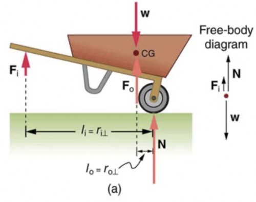 <b>Figure 9.24(a)</b> (a) In the case of the wheelbarrow, the output force or load is between the pivot and the input force. The pivot is the wheel's axle. Here, the output force is greater than the input force. Thus, a wheelbarrow enables you to lift much heavier loads than you could with your body alone. 